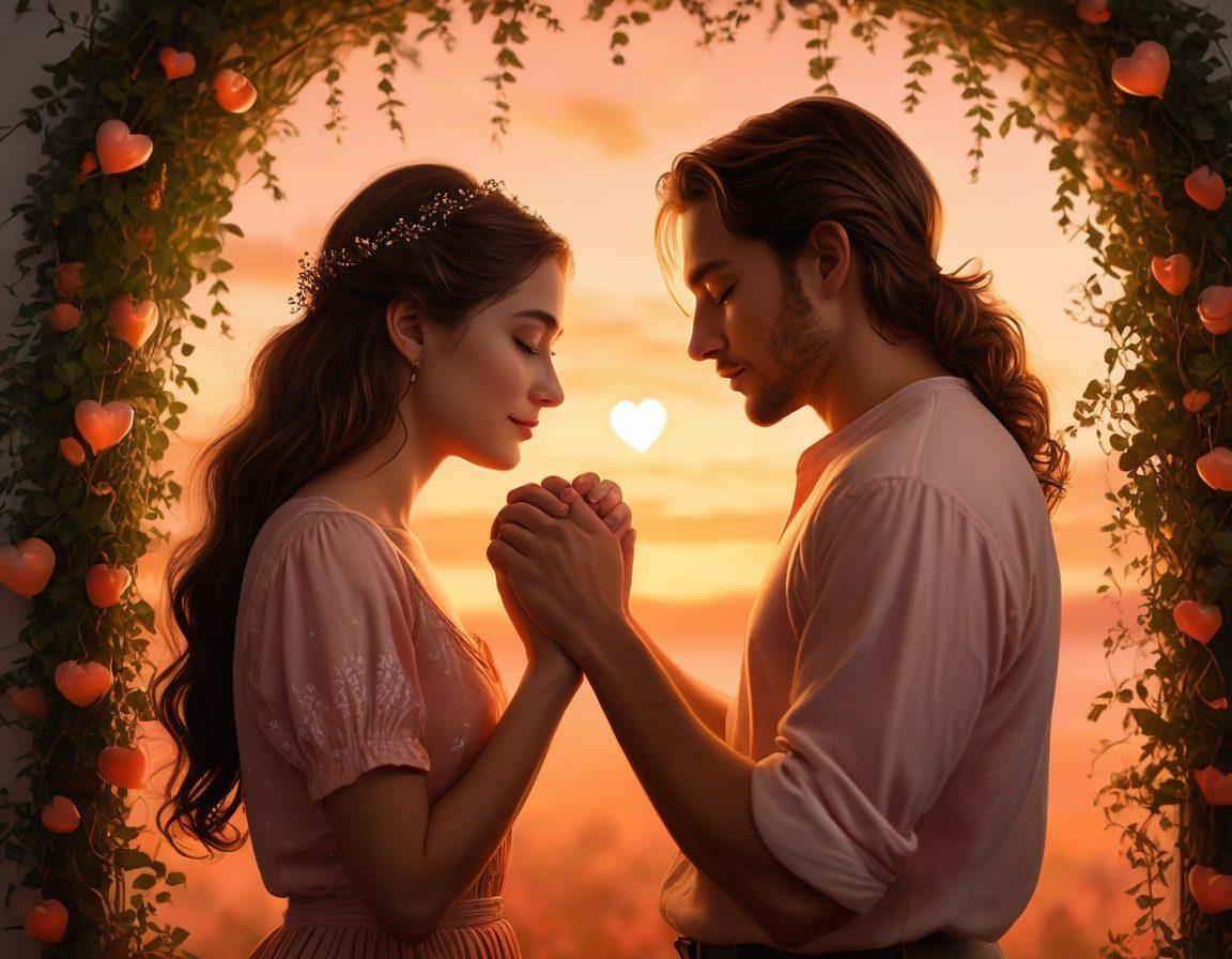 A cozy, intimate setting featuring two people holding hands, surrounded by soft lighting and warm colors. Include elements that symbolize connection, like intertwining vines or heart-shaped motifs, creating a sense of passion and togetherness. The background should be a blurred, romantic scene of a sunset or candlelit room. super-realistic. warm tones. soft focus.