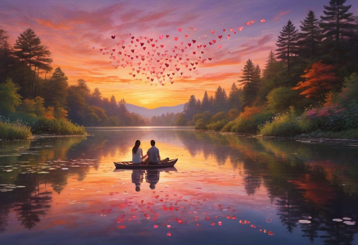 A whimsical illustration of a couple sitting by a serene lake, sharing a heartfelt moment with a picturesque sunset in the background. Surrounded by floating paper hearts, the imagery symbolizes the journey from sweethearts to soulmates. Lush greenery and soft, glowing light enhance the romantic atmosphere. vibrant colors. dreamy painting.