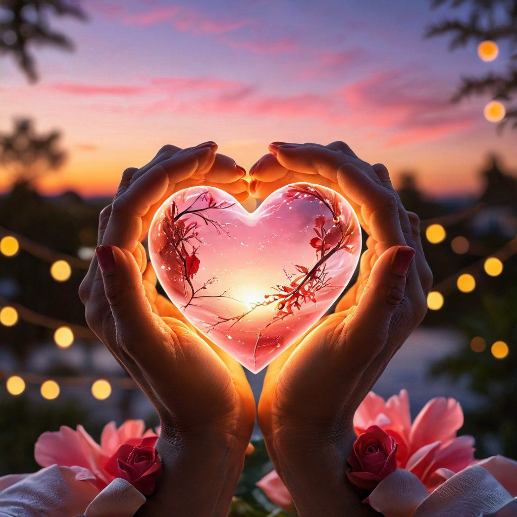 A warm, intimate scene of two intertwined hands, gently holding a glowing heart that radiates soft light, surrounded by delicate rose petals and twinkling fairy lights. In the background, a serene sunset casts a golden hue, symbolizing deep connections and romance. The overall mood exudes love and tenderness. super-realistic. vibrant colors. soft focus.
